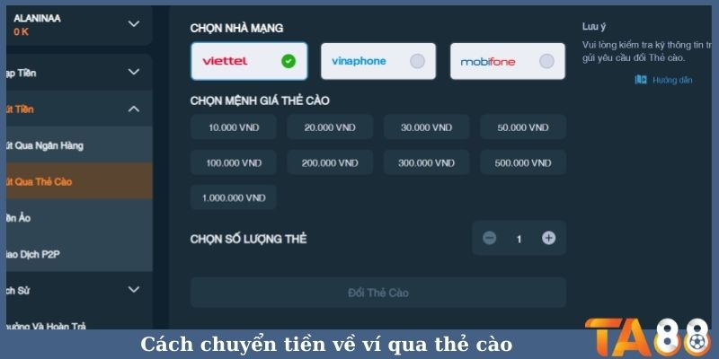 Cách chuyển tiền về ví qua thẻ cào