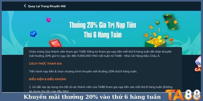 Khuyến mãi thưởng 20% vào thứ 6 hàng tuần