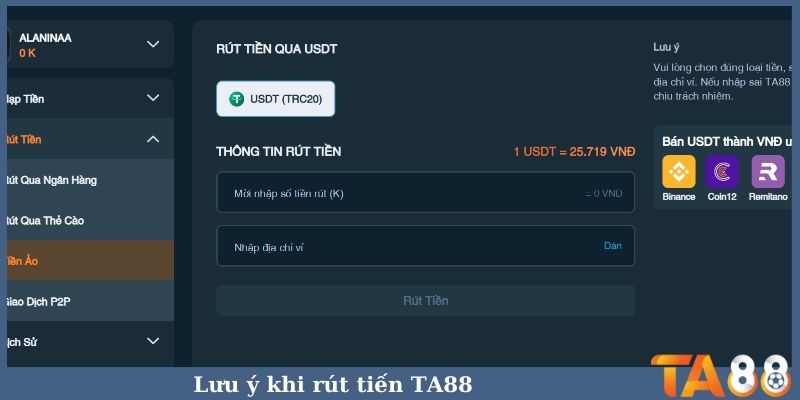 Lưu ý khi rút tiền TA88