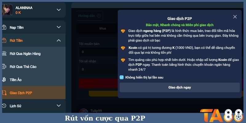 Rút vốn cược qua P2P